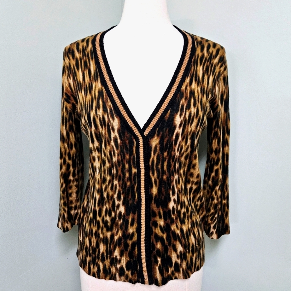 Jones New York Signature Cardigan Snap V-neck 3/4 Sleeve Animal Print Medium